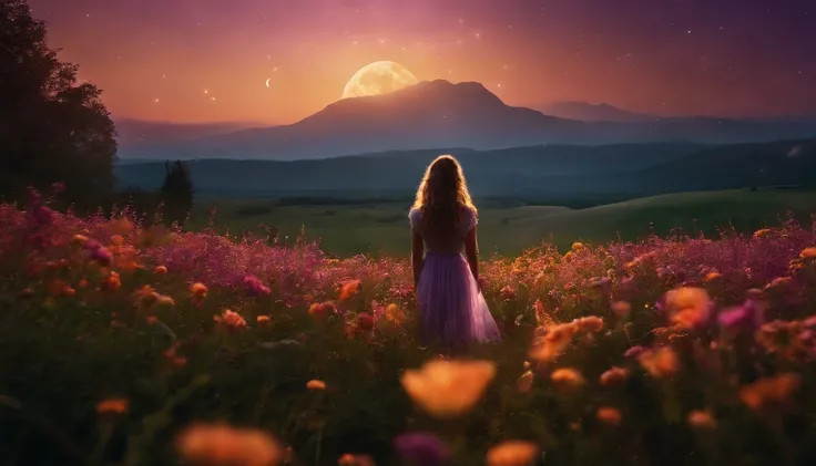 Vast landscape photo, (viewed from below, the sky is above and the open field is below), a girl standing on a flower field looking up, (full moon: 1.2), (meteor: 0.9), (nebula: 1.3), distant mountains , Trees BREAK Crafting Art, (Warm Light: 1.2), (Firefli...