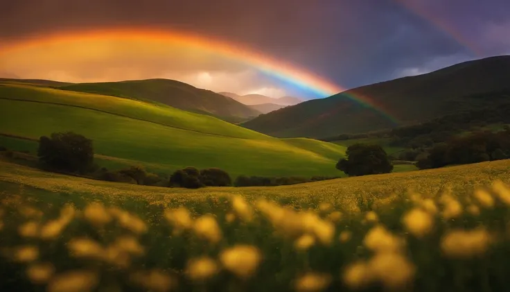 Vasta foto de paisagem, (vista de baixo, The sky is above and the open field is below), a girl standing on a flower field looking up, (lua cheia: 1.2), (meteoro: 0.9), (nebulosa: 1.3), montanhas distantes, Árvores BREAK Crafting Art, (Luz Quente: 1.2), (Va...