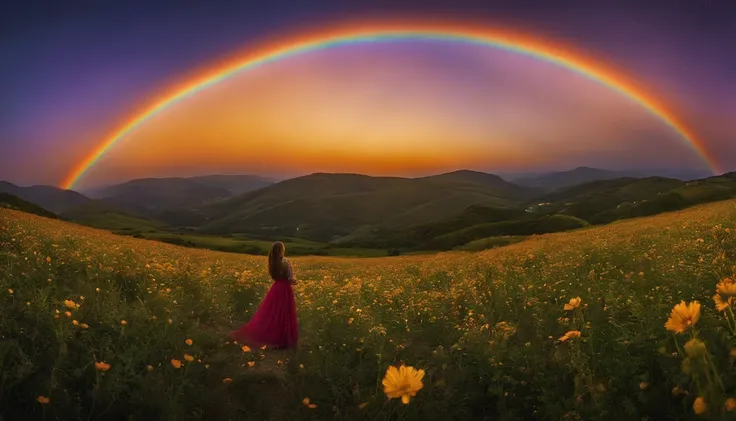 Vasta foto de paisagem, (vista de baixo, The sky is above and the open field is below), a girl standing on a flower field looking up, (lua cheia: 1.2), (meteoro: 0.9), (nebulosa: 1.3), montanhas distantes, Árvores BREAK Crafting Art, (Luz Quente: 1.2), (Va...