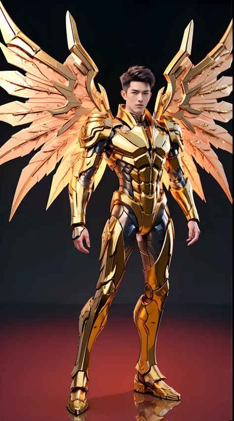 A MAN, HANDSOME FACE, GOLD DRAGON, MECHA ARMOR FULL SUIT, (A PAIR LARGEST WINGS), TRANSPARANT, TALL LEGS, STANDING, MUSCULAR BODY.