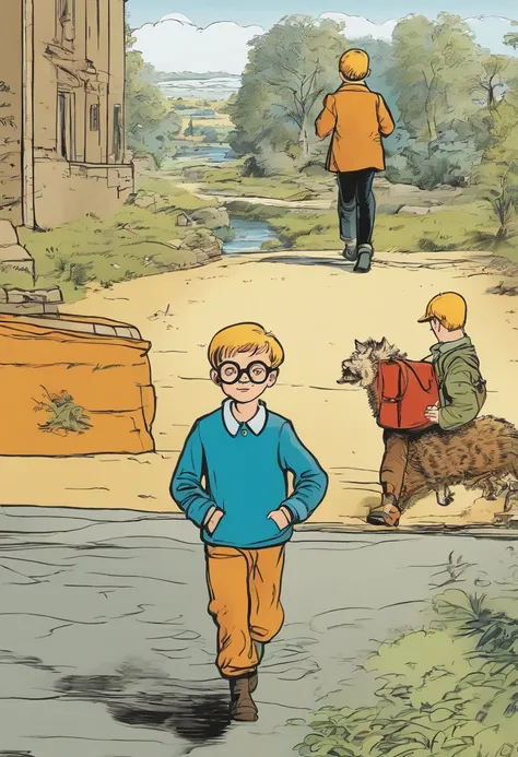 a comic panel showcasing a 10-year-old boy with glasses and a jumpsuit, drawn in the style of Hergés clear-line aesthetic. The boy embarks on a playful adventure, exuding curiosity and youthful energy. Bold, clean lines define the characters and surroundin...