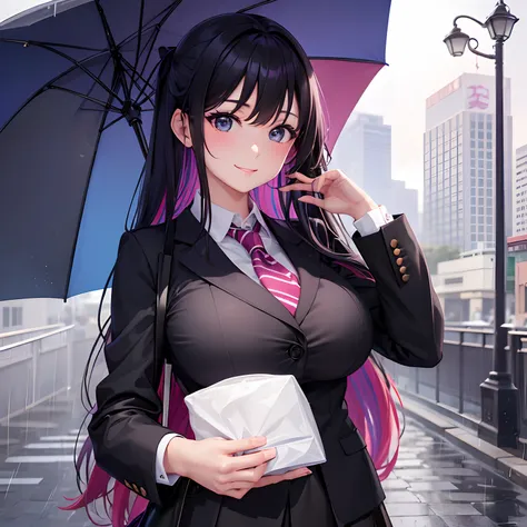 hi-school girl，校服、Black Blazer，Beautiful girl with umbrella，girl with，a smile，under the rain，top-quality，huge tit，超A high resolution，​masterpiece，Multicolored hair，Beautiful Beautiful Girl，Perfect facial features，