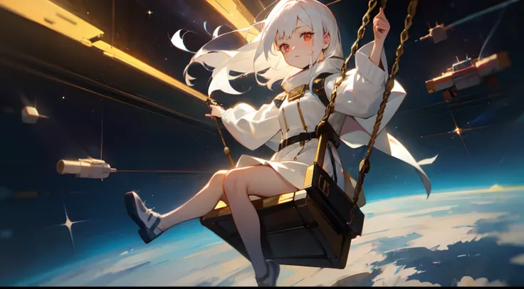 1 girl with white hair and golden eyes on a swing in space