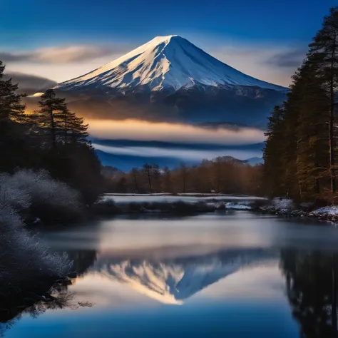 Master Parts、Superior Quality、superior image quality、The 8k quality、Beautiful pictures of the starry sky、magnifica、Arched Milky Way:1.9、Mt fuji、Blue glowing lake:1.9、(snowscape:1.9)