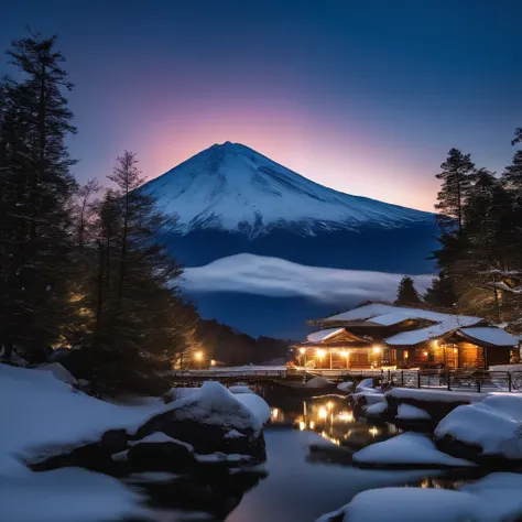 Master Parts、Superior Quality、superior image quality、The 8k quality、Beautiful pictures of the starry sky、magnifica、Arched Milky Way:1.9、Mt fuji、Blue glowing lake:1.9、(snowscape:1.9)