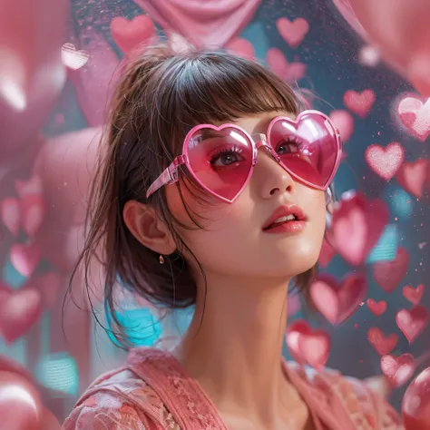 Heart-shaped pink sunglasses、Close-up of laughing face、Designer、super model、makeup、Glossy lips、Shining eyes、(realisitic、hight resolution)、(1 girl in)、Do-Up Eye、Korean Girl、(Best Quality), (masutepiece), (1girl in), Solo, a beauty girl, Perfect face, dreaml...