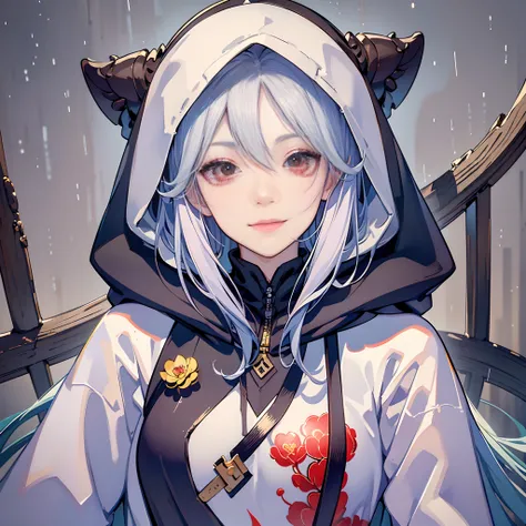 anime character with hoodie and hoodie on in the rain,1boy,white hair,red eyes, sans undertale, sans from undertale, [[[[grinning evily]]]], asriel dreemurr, ((zerator)), twisted god with no face, yoko taro, undertale, very scary, friedly smile, creepypast...