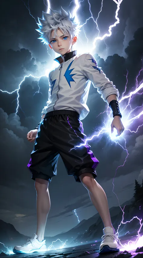 (1boy), (full body), (masterpiece), (Killua_Zoldyck), a boy with silver hair and blue eyes, wearing white shirt, peaceful smile, lightning bolt-shaped earrings, electricity aura, in a thunderstorm, electric sparks body, lightning bolts, Hands in pockets , ...