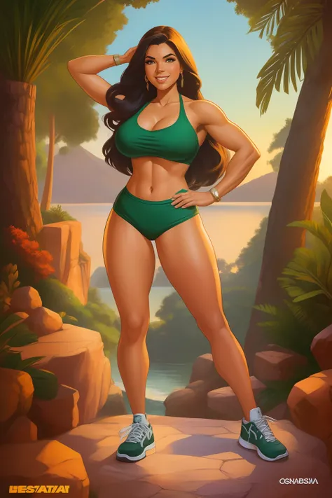 (SFW)Inspirado na arte de John Buscema,1 garota, cabelos encaracolados longos, pelos castanhos, olhos negros, corpo delgado, middlebreasts, sorridente, usando uma camiseta de mangas brancas, shorts rasgados, Foot sneakers, standing posing, apreciando a vis...