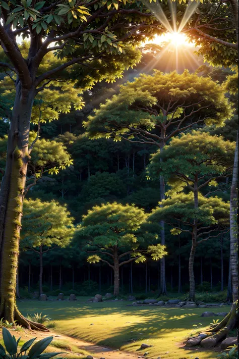 stunning rainforest in the early hours of the morning, with the rays of sun crossing the top of the trees that have inumerous branches ((OUT OF FOCUS)))