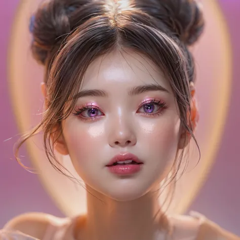 Bun hairstyle、Close-up of laughing face、Designer、super model、makeup、Glossy lips、Shining eyes、(realisitic、hight resolution)、(1 girl in)、Do-Up Eye、Korean Girl、(Best Quality), (masutepiece), (1girl in), Solo, a beauty girl, Perfect face, dreamlikeart、Highly d...