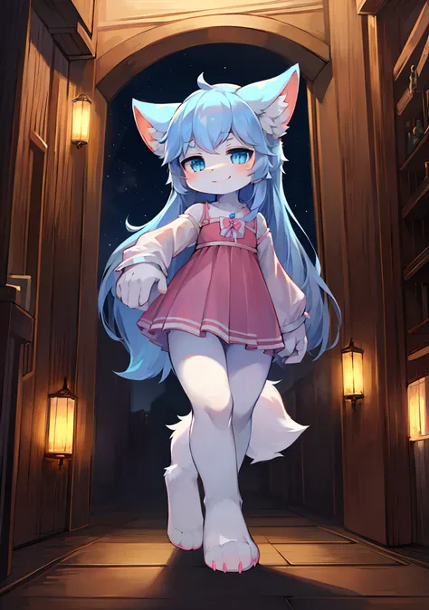 Furry little girl，Fluffy tail，blue color eyes，Emphasis on white fur，Delicate fur，Cute toddler，Short pink skirt，Young，Petite and cute emphasis，Walking posture，Detailed characters，A smile on his face（1.2），Pink meat pad，Enhance long-haired animals，clawed paws...