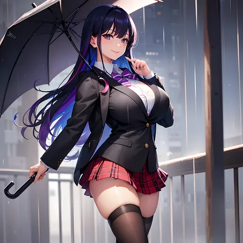 hi-school girl，校服、Black Blazer，Beautiful girl with umbrella，girl with，a smile，under the rain，top-quality，huge tit，超A high resolution，​masterpiece，multicolored hair，Beautiful Beautiful Girl，Perfect facial features，