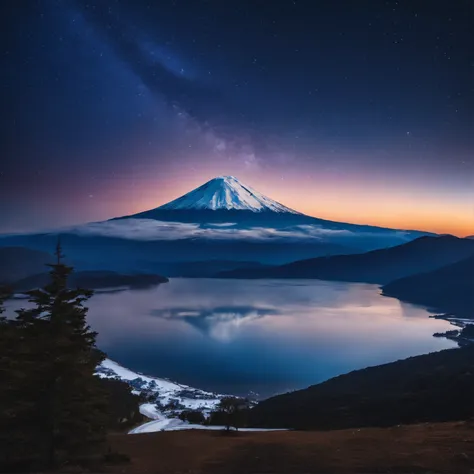 Master Parts、Superior Quality、superior image quality、The 8k quality、Beautiful pictures of the starry sky、magnifica、Arched Milky Way:1.9、Mt fuji、Blue glowing lake:1.9、(snowscape:1.9)