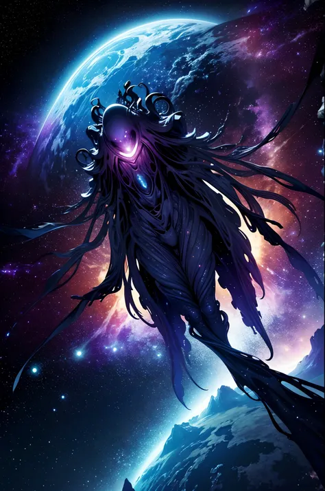 "cosmic entity": um ser com quatro olhos brilhantes, multiple arms, A breathtaking view from space reveals a twisted galaxy filled with strange life forms and entities that humans understand. Planet with night sky, fenda, leviathan, 8k, lindo, dramatic sce...