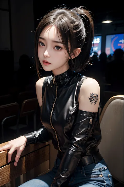 ​masterpiece、1 Beautiful Girl、A detailed face、A detailed eye、Detailed skin、top-quality、japanes、Illuminated from the front with bright lighting、profetional lighting、The background is a little blurry、short-hair(poneyTail)、The costume is black leather jeans(T...