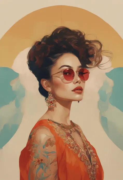 Un hermoso retrato de juliachang en un entorno de circo caprichoso y colorido, with intricate details and a retro aesthetic, gafas, created in the artistic style of Conrad Roset and Jeremy Lipkin