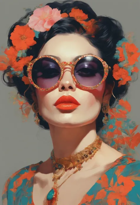 Un hermoso retrato de juliachang en un entorno de circo caprichoso y colorido, with intricate details and a retro aesthetic, gafas, created in the artistic style of Conrad Roset and Jeremy Lipkin