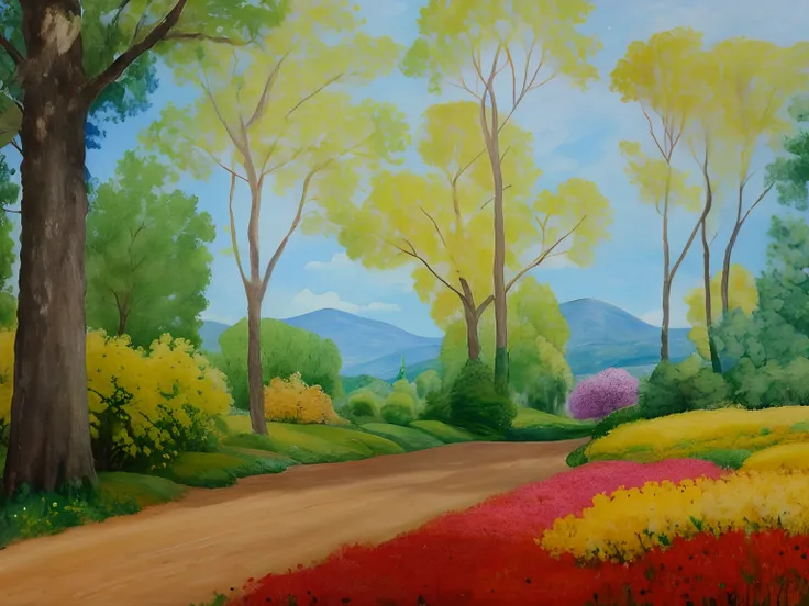 painting of a dirt road with trees and flowers in the foreground, painted landscape, nature painting, scenery artwork, vibrant gouache painting scenery, colorful landscape painting, flowers and trees, inspired by Hans Eduard von Berlepsch-Valendas, inspire...