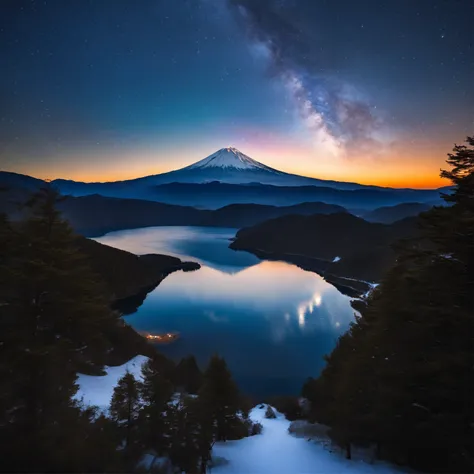 Master Parts、Superior Quality、superior image quality、The 8k quality、Beautiful pictures of the starry sky、magnifica、Arched Milky Way:1.9、Mt fuji、Blue glowing lake:1.9、(snowscape:1.9)