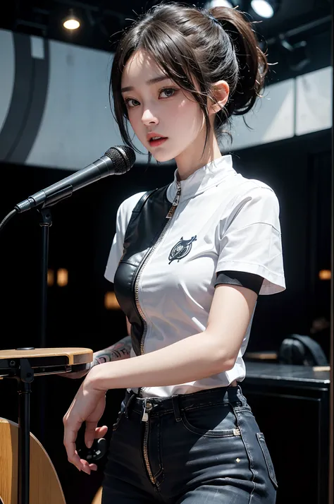 ​masterpiece、1 Beautiful Girl、A detailed face、A detailed eye、Detailed skin、top-quality、japanes、Illuminated from the front with bright lighting、profetional lighting、The background is a little blurry、short-hair(poneyTail)、The costume is black leather jeans(T...