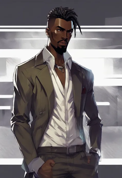 a close up of a dark skin person wearing a formal shirt with pinstripe pants and black boots, while sporting a pair of brass knuckles and a burgundy jacket with skull insignias adorning the arms and a fur collar. This creates the visage of a high-class gan...