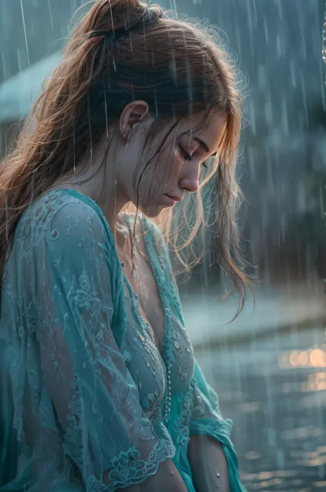 In the midst of a gentle rain, a stunningly wet sitting beautiful woman with big breasts, and long red wet hair stands, tears streaming down her cheeks, her face, with open eyes, sadness. sad fearing expression, dressed in an ice-blue, irreparably damaged,...