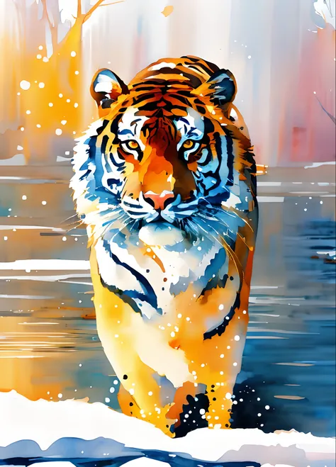 Digital art of (tiger in snow by creek), official art, frontal, water mirror, golden hour, masterpiece, Beautiful, ((watercolor)), paint splatter, intricate details, [dripping:0.5], Trending on artstation, in Watercolor Style, Watercolor, (Rachel Walker), ...