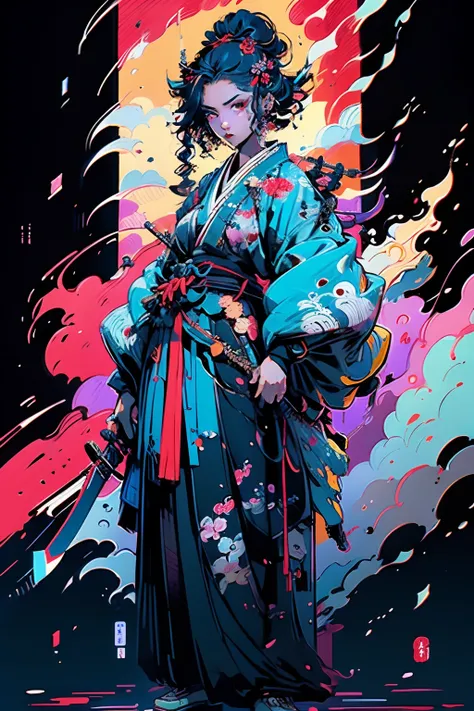 It is a full-body painting with natural colors with Katsushika Hokusai-style line drawings.。Kengo、1menina、Japan Samurai for women。tou々with a look of determination,、Cabelo longo preto e rabo de cavalo、The upper part of the body is covered with a red kimono....