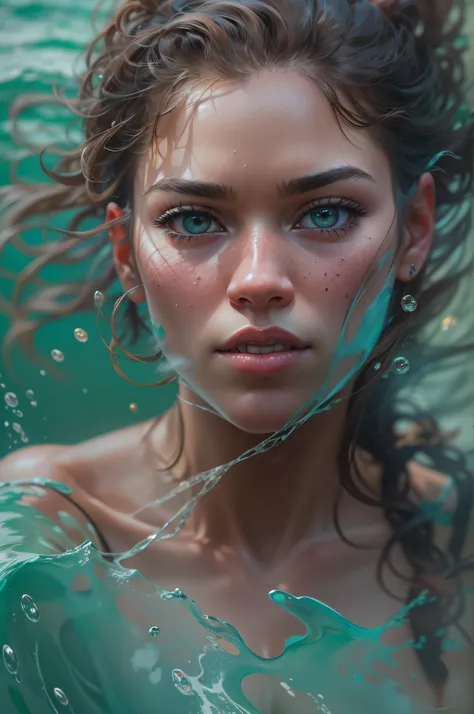 ultra realistic full body oil paint of Zendaya, a brown-haired american woman in wide open ice-blue bathrobe, which flies open with the heavy wind, allowing everyone to see her beautiful muscular body. She is walking in the water on the beach, wild hair, f...