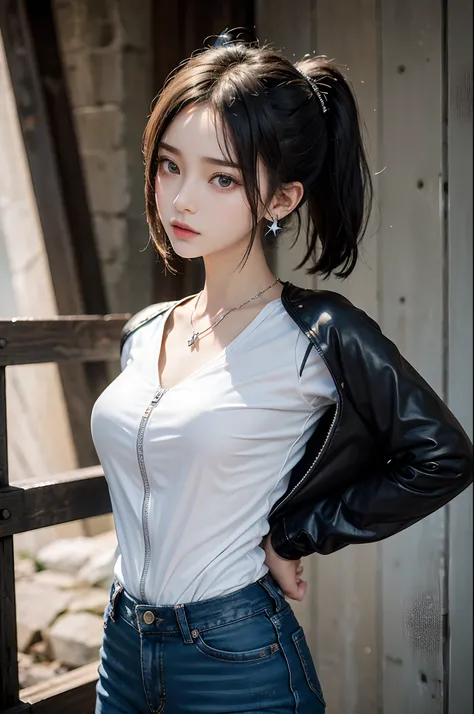 ​masterpiece、1 Beautiful Girl、A detailed face、A detailed eye、Detailed skin、top-quality、japanes、Illuminated from the front with bright lighting、profetional lighting、The background is a little blurry、short-hair(poneyTail)、The costume is black leather jeans(T...