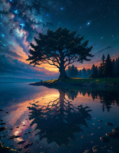 (best quality,4k,8k,highres,masterpiece:1.2), ultra-detailed, (realistic,photorealistic,photo-realistic:1.37) gigantic tree, in the middle of the ocean, reflection, milky way, dark sky, rubies