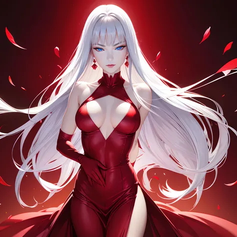 finest image, portrait, female, sexy, beautiful, cute, flat chest, abs, slender, amorous expression, lewd expression, ecstasy, orgasm, light silver glossy flowing layered iridescent hair, blue sparkling eyes, red alluring moist lips, red long dress, red lo...