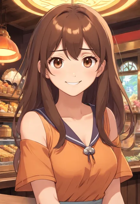 One girl,  (((Brown Made))),Highest Quality, in 8K,Large exposed bust、 masutepiece:1.3,  Black hair, Ultra-detailed face, Detailed eyes, Big Bust, Double eyelids, Best Smile,
,b3rli, Western Cafe