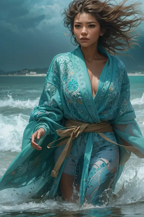 ultra realistic full body oil paint of Zendaya, a brown-haired American woman in a wide-open ice-blue bathrobe, which flies open with the heavy storm wind, allowing everyone to see her beautiful muscular body. She is walking in the water on the beach, with...