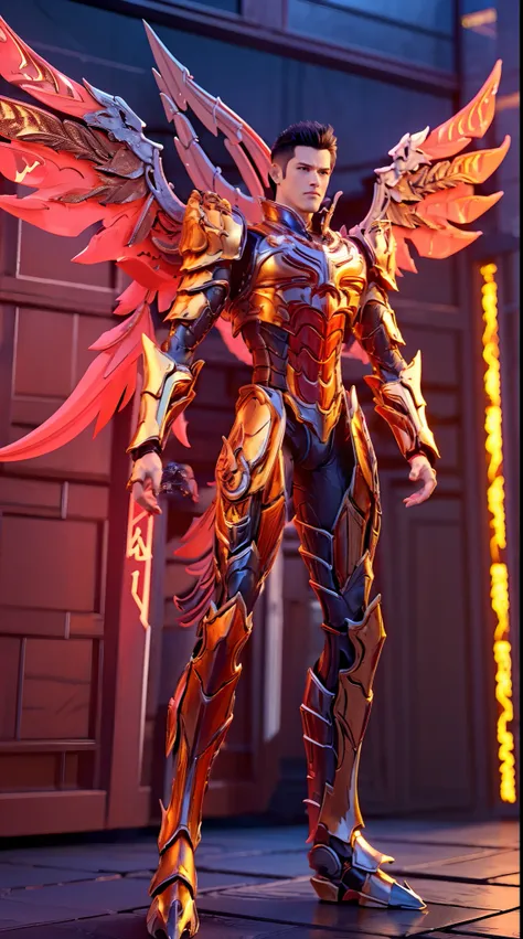 A MAN, HANDSOME FACE, GOLD DRAGON, MECHA ARMOR FULL SUIT, (A PAIR LARGEST WINGS), TRANSPARANT, TALL LEGS, STANDING, MUSCULAR BODY.