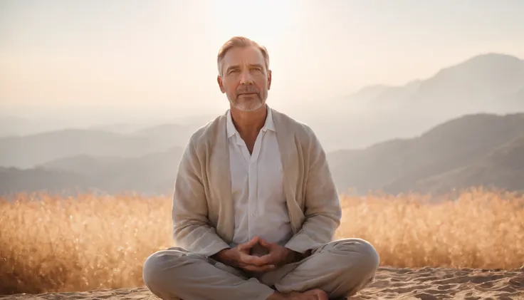 Mature man sitting in meditation position, contemplando um horizonte lindo com o sol se pondo, Man is in deep connection with the divine, The landscape is ultra detailed, homem ultra realista, tudo bem detalhado e lindo, ultra qualidade. Realismo 8k