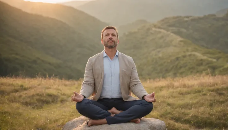 Mature man sitting in meditation position, contemplando um horizonte lindo com o sol se pondo, Man is in deep connection with the divine, The landscape is ultra detailed, homem ultra realista, tudo bem detalhado e lindo, ultra qualidade. Realismo 8k