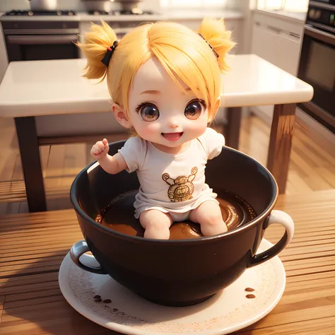 Cute Baby Chibi Anime、(((Chibi 3D))) (Best Quality), (masutepiece)、Chibi Kitchen、(Sit in a coffee cup:1.3)、Yellow hair、kitchenware、Jewelry Decoration Costumes、Open your mouth and smile、a small face、petite body、A detailed face