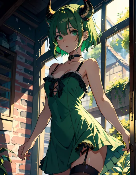 ((masterpiece, best quality)), (1girl, anime girl in the dungeon),(loli, little girl,devil horn), (solo), (female focus), (green hair, messy hair),green eyes, ((evil)), ((short dress)), elegant, exposed shoulder, open shoulder, collarbone, portraits, close...