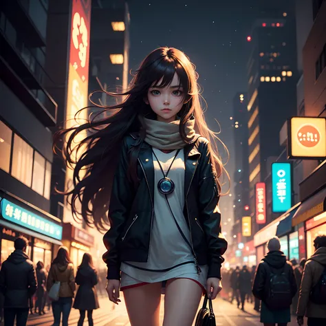 In the evening, The lights are on, the street, trafic, crowd of, Long-haired girl walking alone，style of anime，Fantasy space