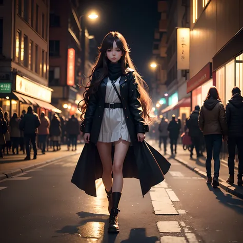 In the evening, The lights are on, the street, trafic, crowd of, Long-haired girl walking alone，style of anime，Fantasy space