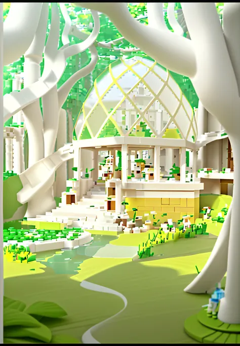 make the roof of the glass pavilion more transparent and less yellow, clean up the lines, add lego leaves to the trees