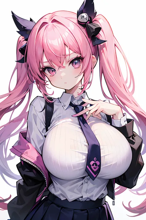 masutepiece、top-quality、ultra-detailliert、Unreal、absurderes、1 girl、kawaii、Pink hair、Twin-tailed、Black shirt、blue tie、a black skirt、breasts larger than the body、ultra gigantic tits、Clothes are torn and chest is exposed、