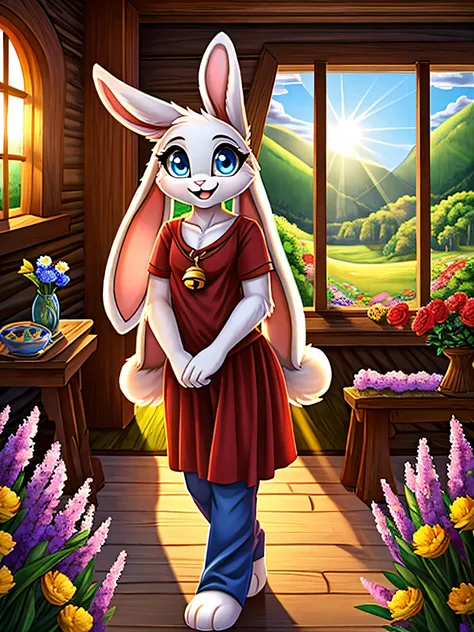 zoomed out image, fantasy style art, cute, adorable, attractive, teenage fluffy female white bunny with blue eyes, attractive body, large chest, curvy and skinny body, 4 ears, 2 extra ears, big floppy ears, long ears, ears perked up, raised ears, long eyel...