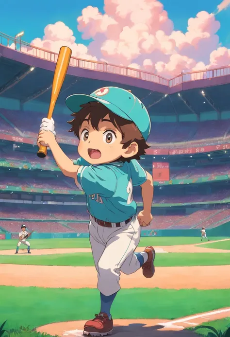 Boy in baseball Angels uniform, Holding a baseball bat and hitting a home run, In the style of a quiet baseball stadium landscape, colorful animation stills, aquamarine, paul gauguin, Embry style, Honest portrayal