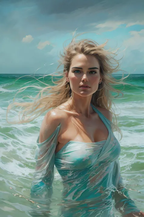 ultra realistic full body oil paint of BROOKE SHIELDS, a blond-haired American woman, with big knockers, in wide open ice-blue bathrobe, which flies open with the heavy wind, allowing everyone to see her beautiful muscular body. She is walking in the water...