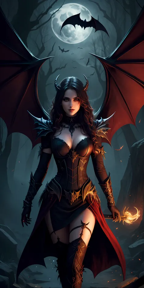 Fine, (Best Illustration), 8k Resolution, Intricate Details, Best Quality, Realistic, Ultra Detailed, Best Lighting, Best Shadows, Ultra HD, A Necromancer, Night, Magic, Dark Style, Vampire, Bat wings, red glowing eyes