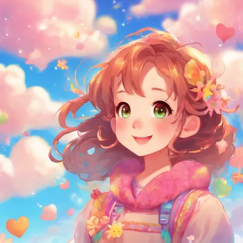 1girl,floats in the sky with clouds surrounding her,close-up of her joyful face and expressive eyes,bright and vibrant colors,soft and warm lighting from the setting sun,[sparkles] adding a touch of magic.