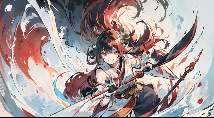 ((masterpiece)), (((best quality))), ((ultra-detailed)), ((illustration)), dynamic angle, dynamic pose, solo, smiling, 1girl, long hair, ((mainly red hair with white and black streaks)), yellow eyes, japanese clothes, blue clothes, youkai, onmyoji, holding...